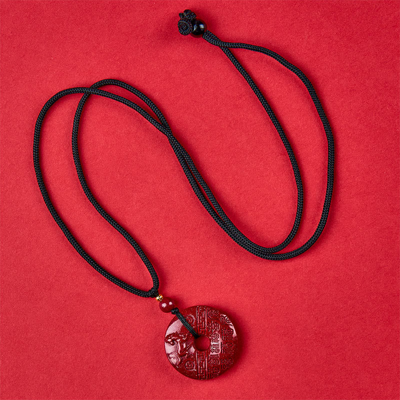 Wear FengShui Year Of The Horse Carved Fu Character Peace Buckle Design Cinnabar Blessing Auspicious Necklace Pendant