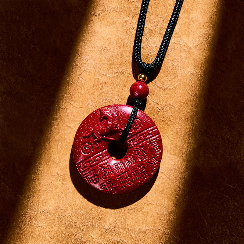 Wear FengShui Year Of The Horse Carved Fu Character Peace Buckle Design Cinnabar Blessing Auspicious Necklace Pendant