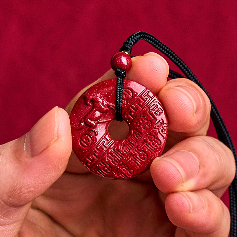 Wear FengShui Year Of The Horse Carved Fu Character Peace Buckle Design Cinnabar Blessing Auspicious Necklace Pendant