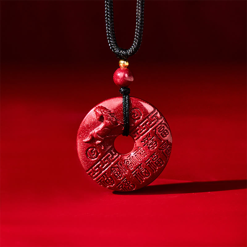 Wear FengShui Year Of The Horse Carved Fu Character Peace Buckle Design Cinnabar Blessing Auspicious Necklace Pendant