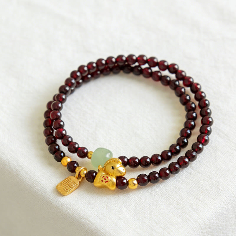 Wear FengShui Year Of The Horse Garnet Jade Fu Character Stability Double Wrap Bracelet