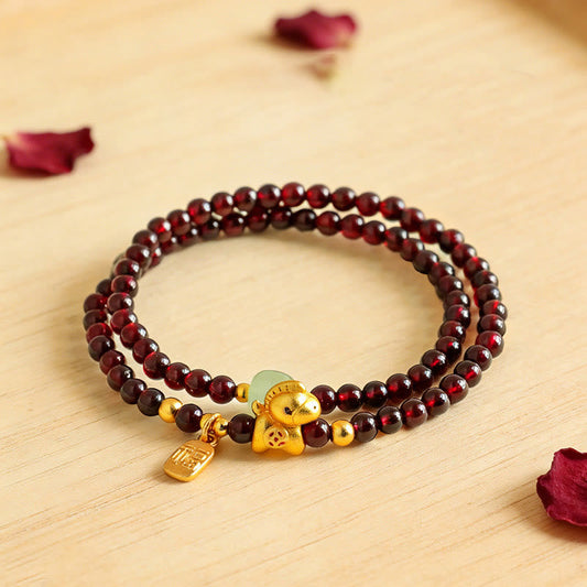 Wear FengShui Year Of The Horse Garnet Jade Fu Character Stability Double Wrap Bracelet