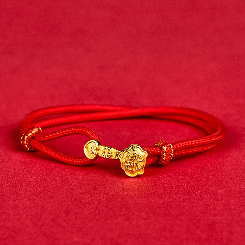 Wear FengShui Ruyi Handle Fu Character Copper Plated Gold Rope Adjustable Luck Bracelet