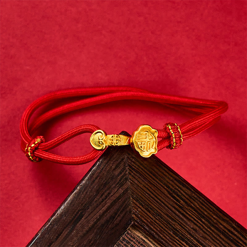 Wear FengShui Ruyi Handle Fu Character Copper Plated Gold Rope Adjustable Luck Bracelet