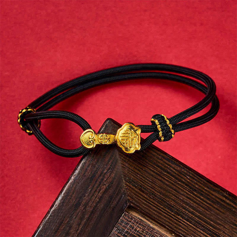 Wear FengShui Ruyi Handle Fu Character Copper Plated Gold Rope Adjustable Luck Bracelet