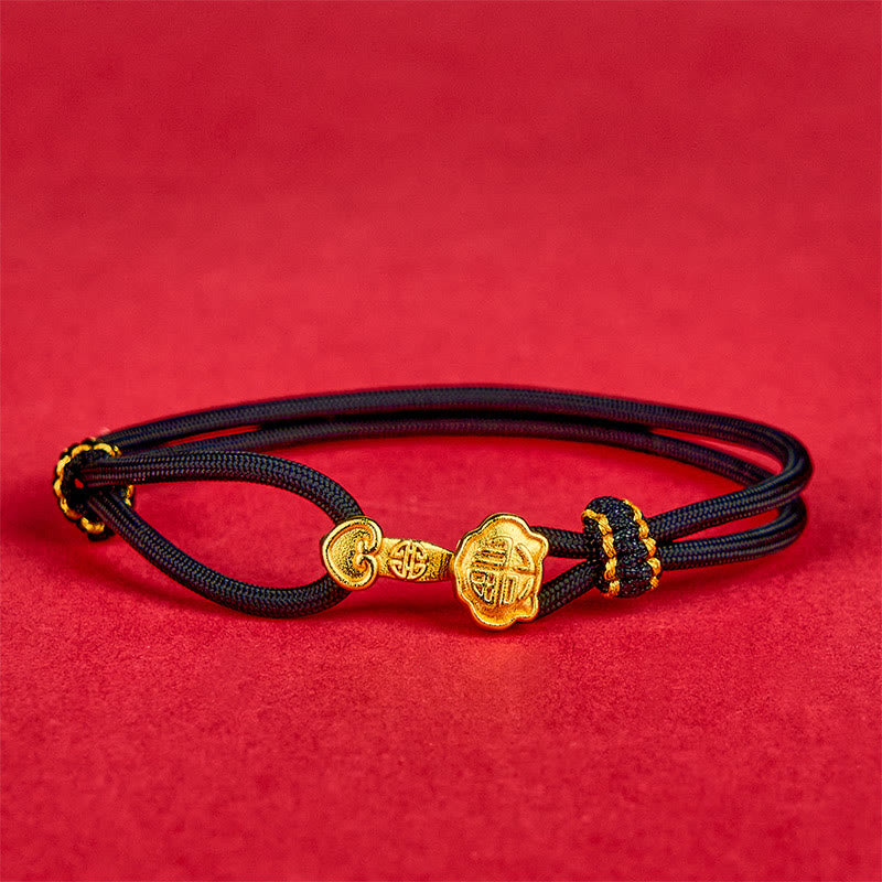 Wear FengShui Ruyi Handle Fu Character Copper Plated Gold Rope Adjustable Luck Bracelet