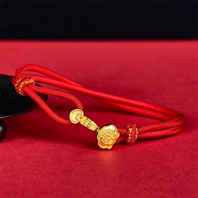 Wear FengShui Ruyi Handle Fu Character Copper Plated Gold Rope Adjustable Luck Bracelet