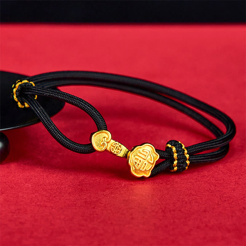Wear FengShui Ruyi Handle Fu Character Copper Plated Gold Rope Adjustable Luck Bracelet