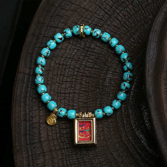 Wear FengShui Thangka Gau Amulet Box Turquoise Fu Character Protection Bracelet