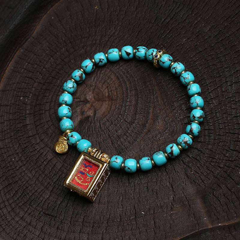 Wear FengShui Thangka Gau Amulet Box Turquoise Fu Character Protection Bracelet