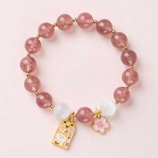 Wear FengShui Lucky Cat Peach Blossoms Charm Strawberry Quartz White Cat's Eye Healing Bracelet
