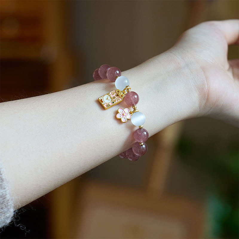 Wear FengShui Lucky Cat Peach Blossoms Charm Strawberry Quartz White Cat's Eye Healing Bracelet