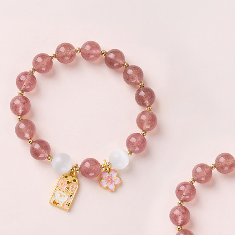 Wear FengShui Lucky Cat Peach Blossoms Charm Strawberry Quartz White Cat's Eye Healing Bracelet
