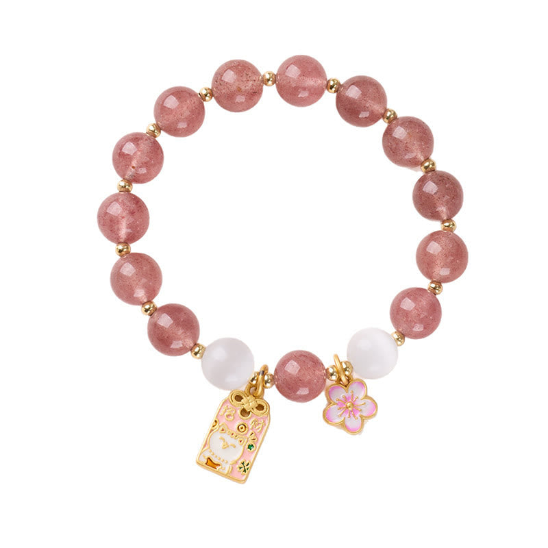 Wear FengShui Lucky Cat Peach Blossoms Charm Strawberry Quartz White Cat's Eye Healing Bracelet