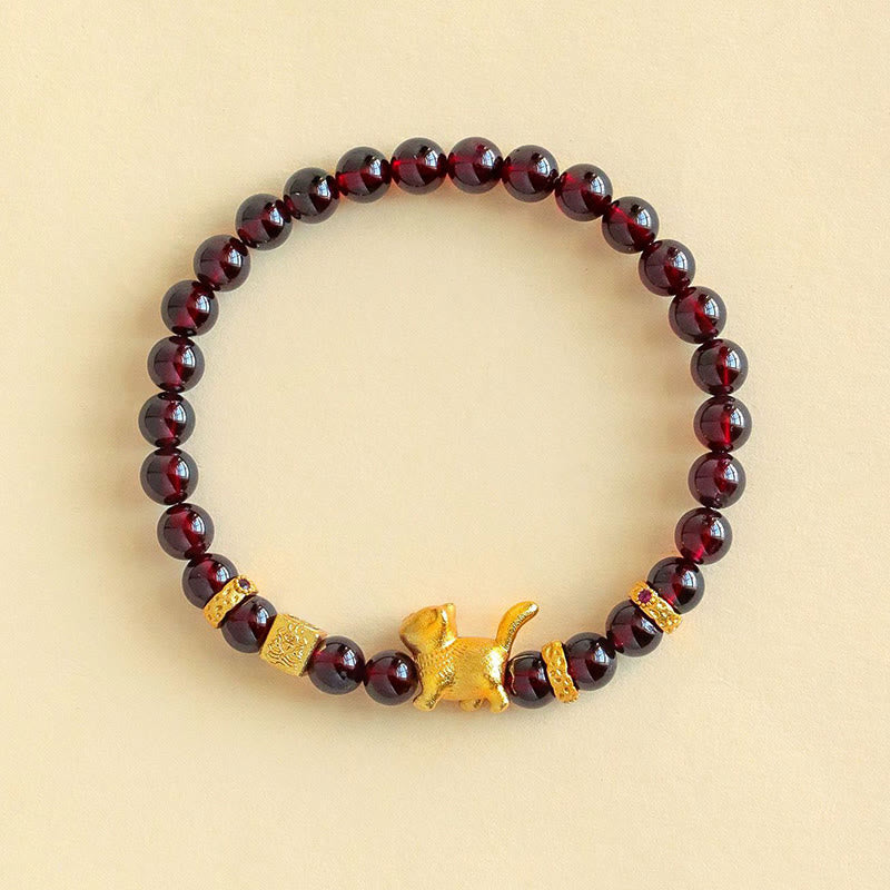 Wear FengShui Cute Lucky Cat Charm Garnet Cinnabar Calm Protection Beaded Bracelet