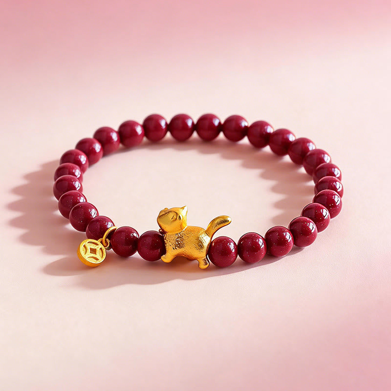 Wear FengShui Cute Lucky Cat Charm Garnet Cinnabar Calm Protection Beaded Bracelet