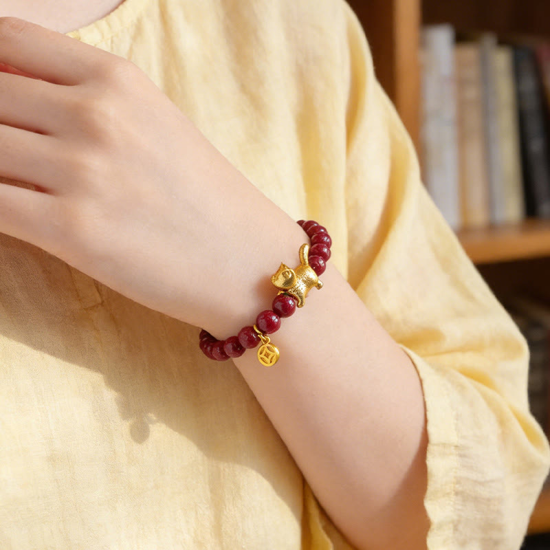 Wear FengShui Cute Lucky Cat Charm Garnet Cinnabar Calm Protection Beaded Bracelet