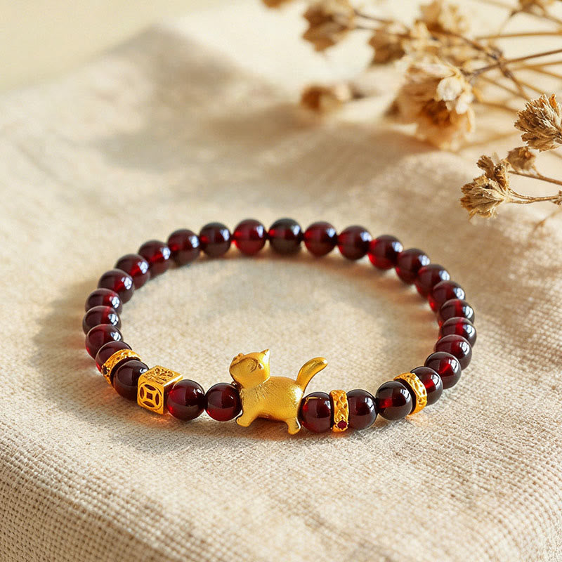 Wear FengShui Cute Lucky Cat Charm Garnet Cinnabar Calm Protection Beaded Bracelet