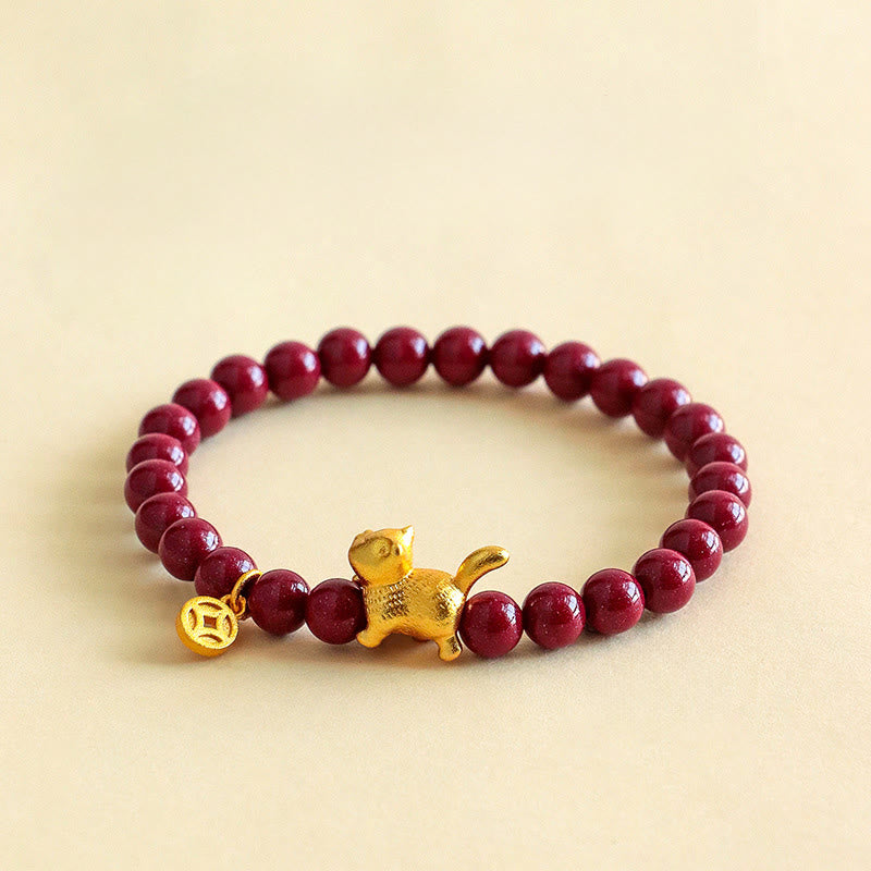 Wear FengShui Cute Lucky Cat Charm Garnet Cinnabar Calm Protection Beaded Bracelet