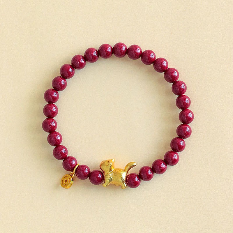 Wear FengShui Cute Lucky Cat Charm Garnet Cinnabar Calm Protection Beaded Bracelet