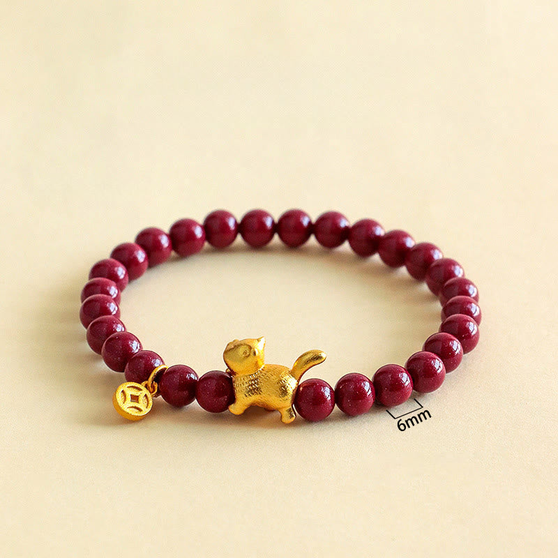 Wear FengShui Cute Lucky Cat Charm Garnet Cinnabar Calm Protection Beaded Bracelet