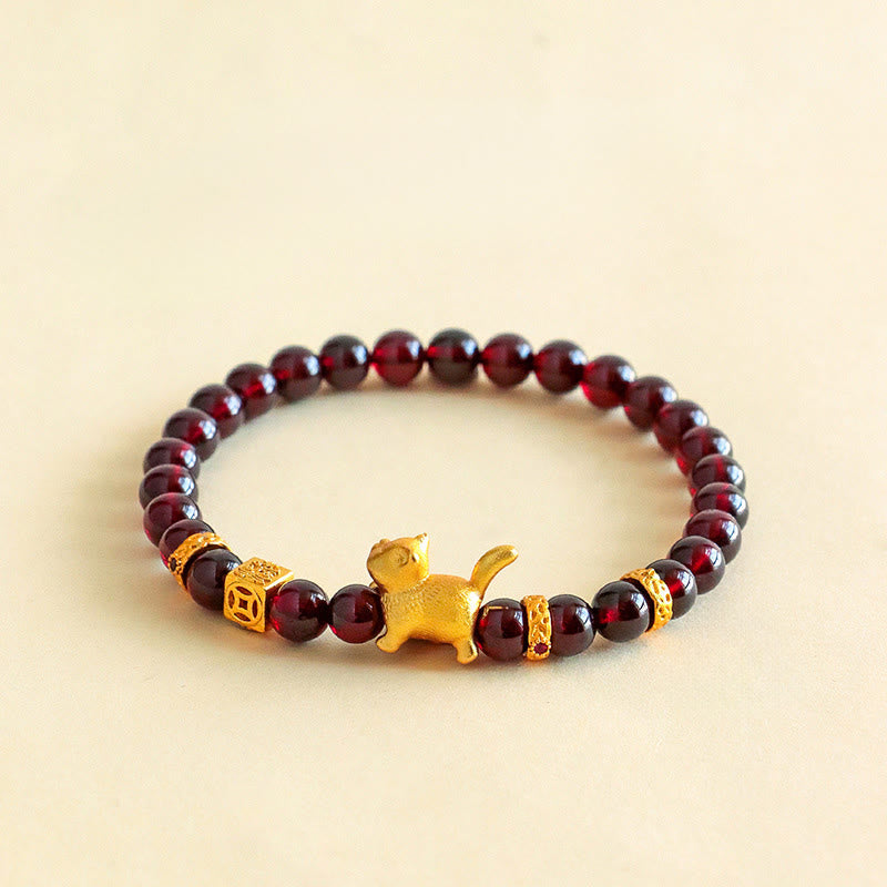 Wear FengShui Cute Lucky Cat Charm Garnet Cinnabar Calm Protection Beaded Bracelet