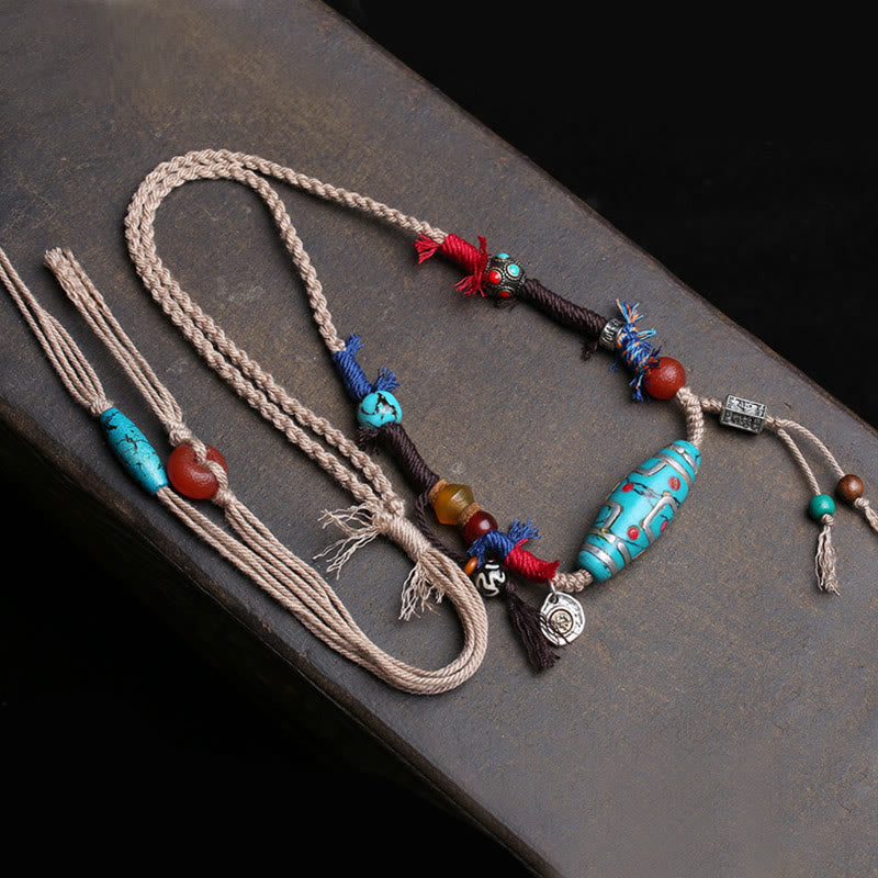 Wear FengShui Copper Turquoise Dzi Bead Luck Necklace Pendants