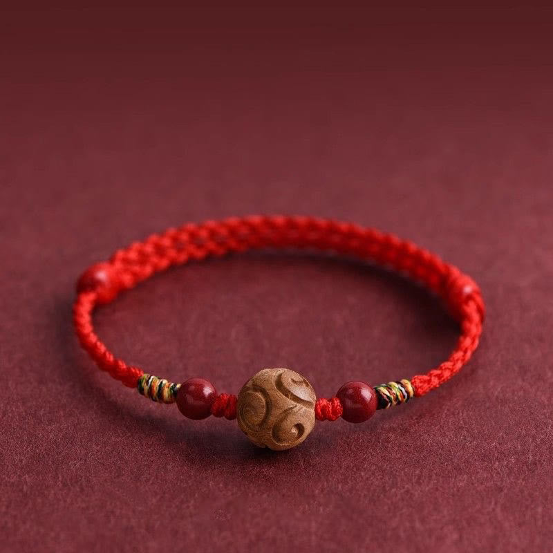 Wear FengShui Carved Auspicious Pattern Natural Peach Wood Rope Luck Bracelet