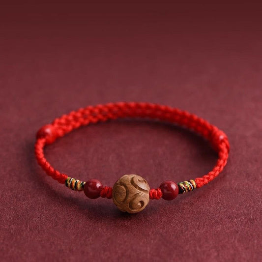 Wear FengShui Carved Auspicious Pattern Natural Peach Wood Rope Luck Bracelet