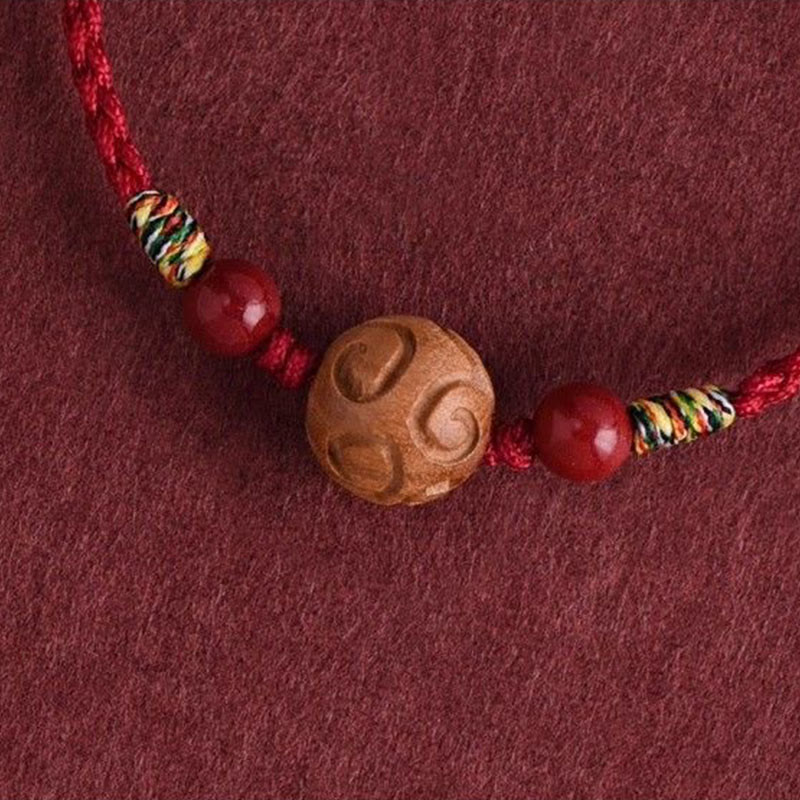 Wear FengShui Carved Auspicious Pattern Natural Peach Wood Rope Luck Bracelet