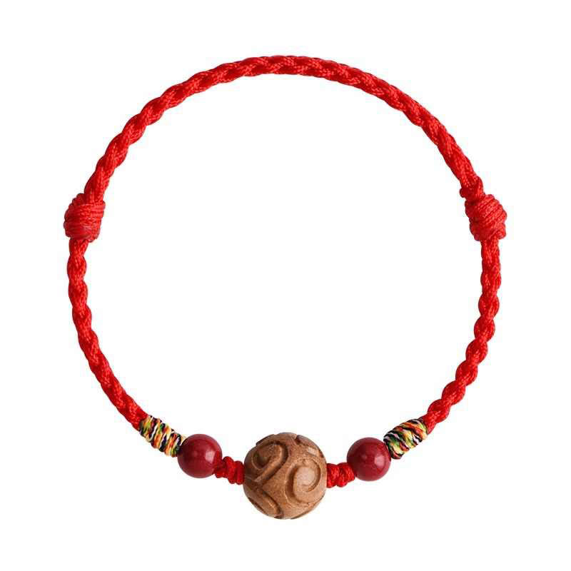 Wear FengShui Carved Auspicious Pattern Natural Peach Wood Rope Luck Bracelet