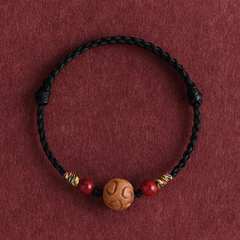 Wear FengShui Carved Auspicious Pattern Natural Peach Wood Rope Luck Bracelet