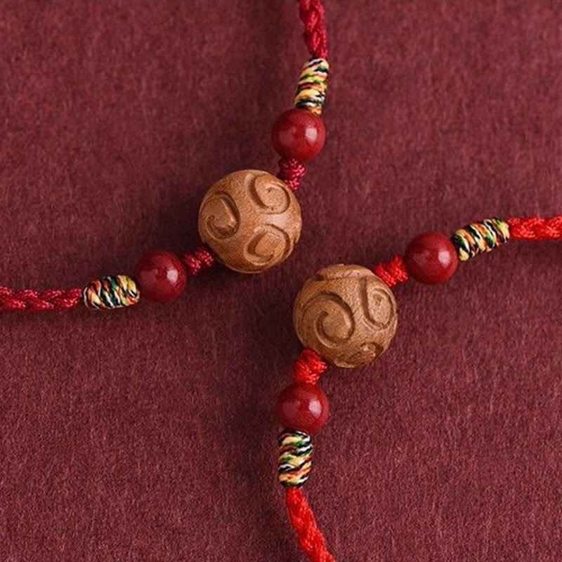 Wear FengShui Carved Auspicious Pattern Natural Peach Wood Rope Luck Bracelet