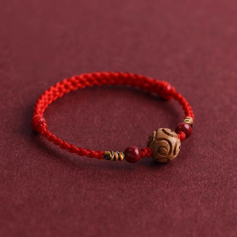 Wear FengShui Carved Auspicious Pattern Natural Peach Wood Rope Luck Bracelet