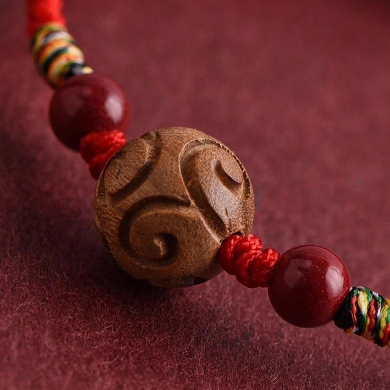 Wear FengShui Carved Auspicious Pattern Natural Peach Wood Rope Luck Bracelet