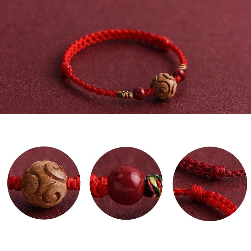Wear FengShui Carved Auspicious Pattern Natural Peach Wood Rope Luck Bracelet