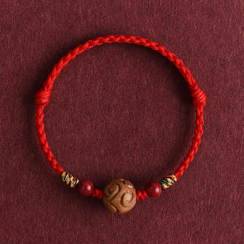 Wear FengShui Carved Auspicious Pattern Natural Peach Wood Rope Luck Bracelet