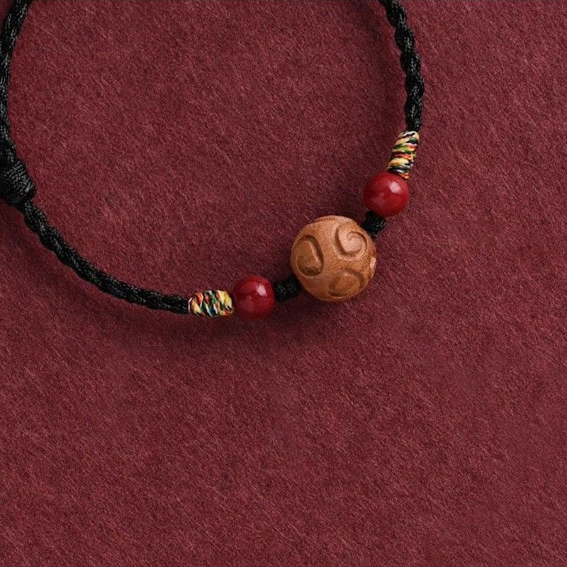 Wear FengShui Carved Auspicious Pattern Natural Peach Wood Rope Luck Bracelet