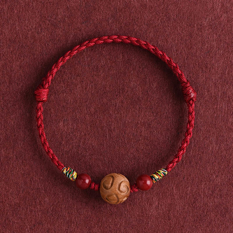 Wear FengShui Carved Auspicious Pattern Natural Peach Wood Rope Luck Bracelet