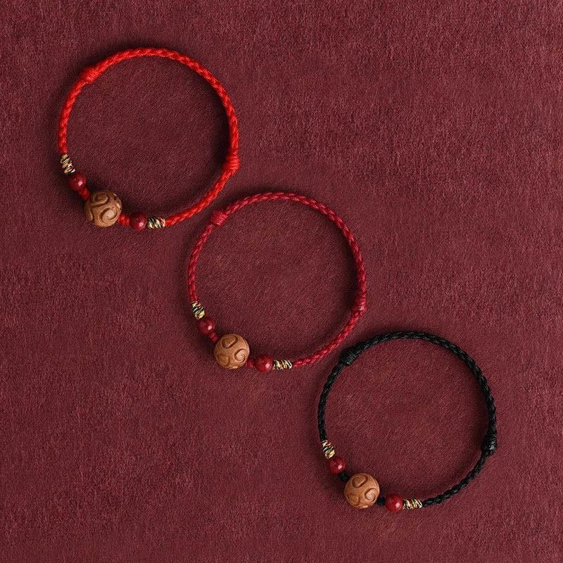 Wear FengShui Carved Auspicious Pattern Natural Peach Wood Rope Luck Bracelet