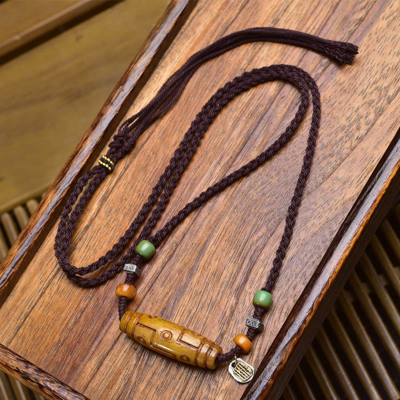 Wear FengShui Copper Nine-Eye Dzi Bead Bone Bead Luck Balance Necklace Pendants