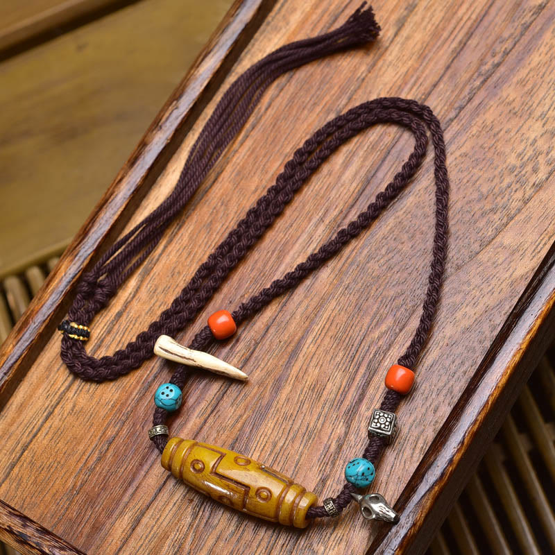 Wear FengShui Copper Nine-Eye Dzi Bead Bone Bead Luck Balance Necklace Pendants