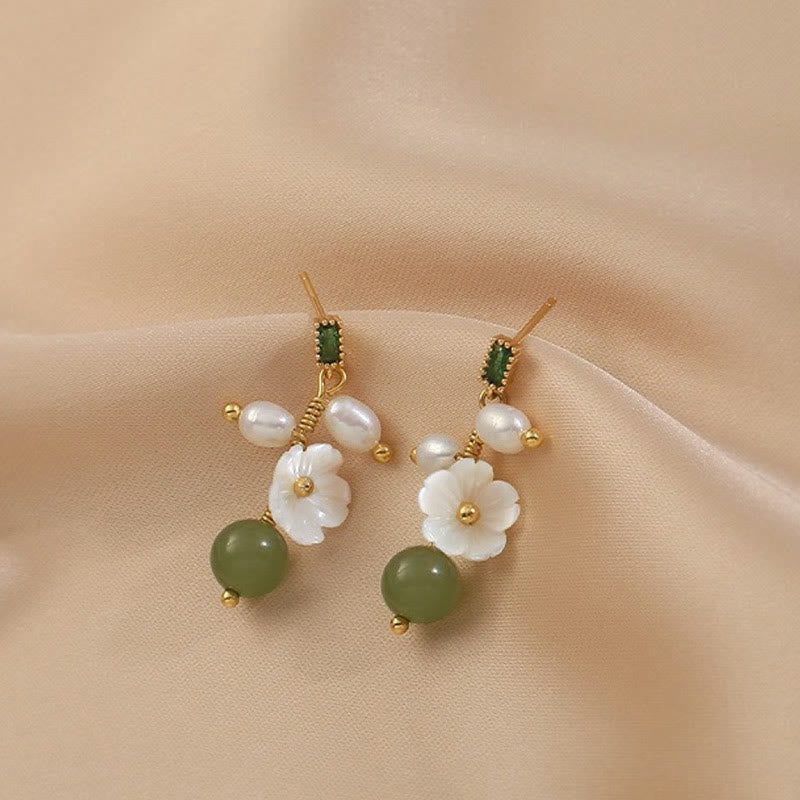 Wear FengShui Hetian Jade Pearl Bead Flower Prosperity Abundance Earrings