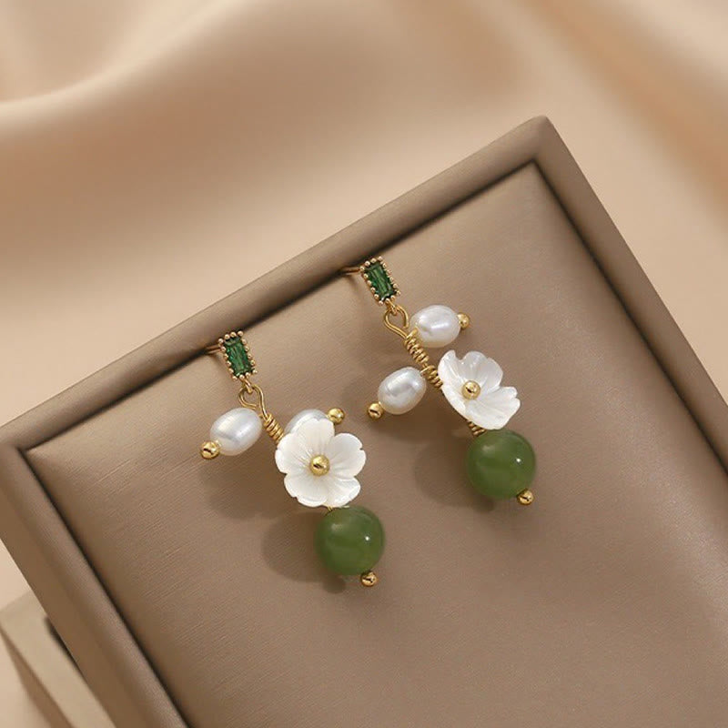 Wear FengShui Hetian Jade Pearl Bead Flower Prosperity Abundance Earrings