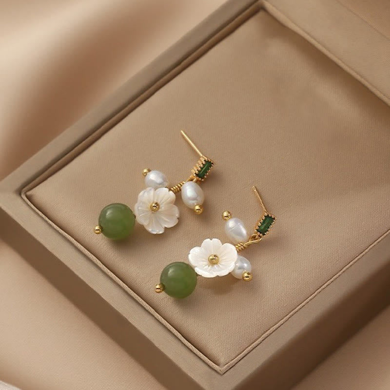 Wear FengShui Hetian Jade Pearl Bead Flower Prosperity Abundance Earrings