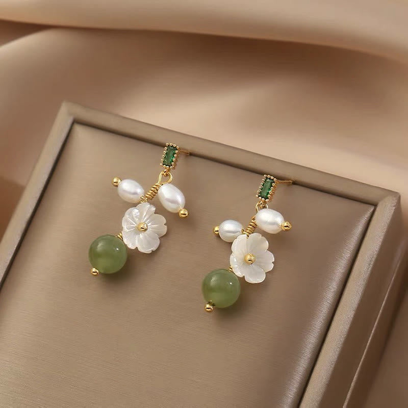 Wear FengShui Hetian Jade Pearl Bead Flower Prosperity Abundance Earrings