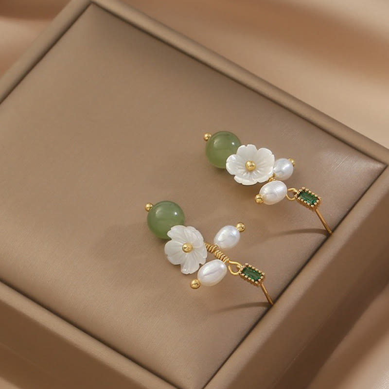 Wear FengShui Hetian Jade Pearl Bead Flower Prosperity Abundance Earrings