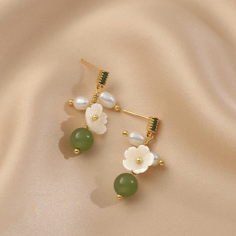 Wear FengShui Hetian Jade Pearl Bead Flower Prosperity Abundance Earrings