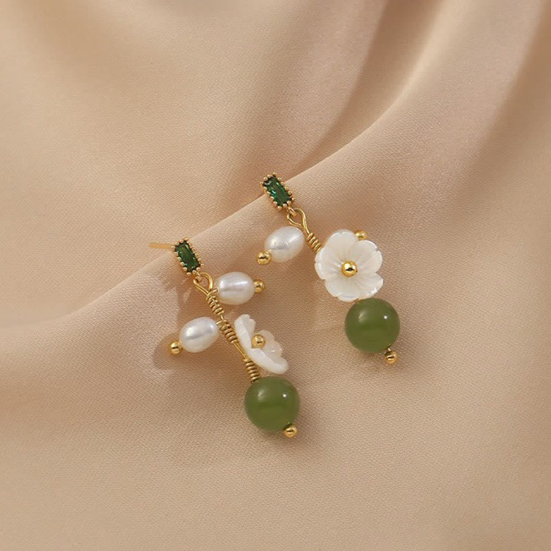 Wear FengShui Hetian Jade Pearl Bead Flower Prosperity Abundance Earrings