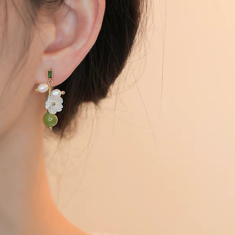 Wear FengShui Hetian Jade Pearl Bead Flower Prosperity Abundance Earrings